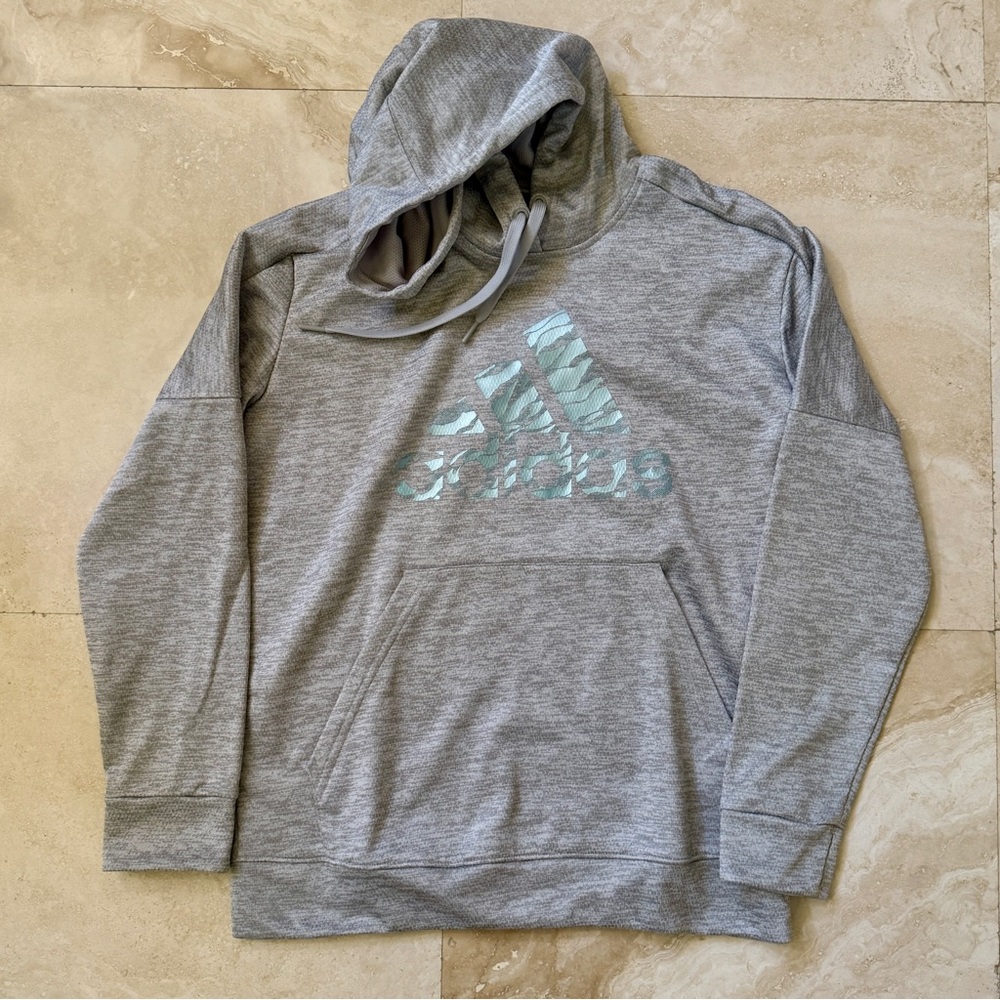 Adidas Heather Gray Hoodie with Aqua Logo